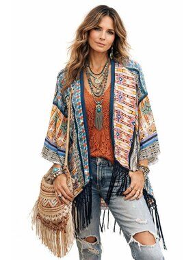 Boho Artsy Indie Santa Fe Multicolor Open Front Kimono Fringe Cardigan Womens M
